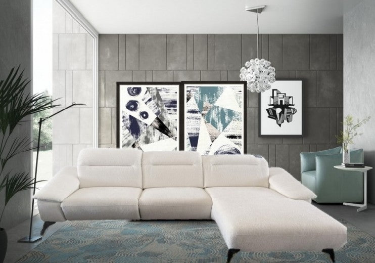 Canapé d'angle fixe avec mécanisme Relax, avec bain de soleil à droite, recouvert de tissu, Gappa Blanc, l290xA170xH84 cm