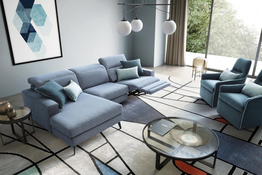 Canapé d'angle fixe avec mécanisme Relax, avec bain de soleil à gauche, recouvert de tissu, Christopher Bleu, l265xA158xH78 cm