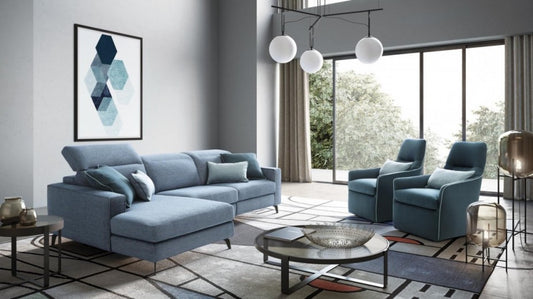 Canapé d'angle fixe avec mécanisme Relax, avec bain de soleil à gauche, recouvert de tissu, Christopher Bleu, l265xA158xH78 cm
