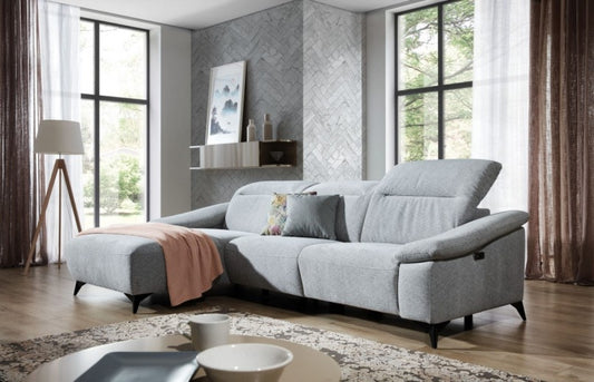 Canapé d'angle fixe avec mécanisme Relax, avec bain de soleil à gauche, recouvert de tissu, Gappa Gris, l290xA170xH84 cm