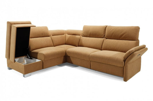 Canapé d'angle fixe avec mécanisme Relax, avec bain de soleil à gauche, recouvert de tissu, Reno Moutarde, l270xA230xH90 cm