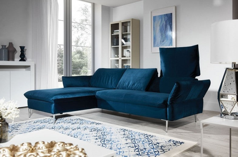 Canapé d'angle fixe avec bain de soleil à gauche, recouvert de tissu, Vino Bleu marine, l235xA165xH78 cm