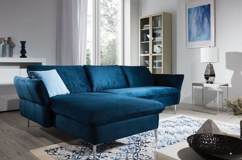 Canapé d'angle fixe avec bain de soleil à gauche, recouvert de tissu, Vino Bleu marine, l235xA165xH78 cm
