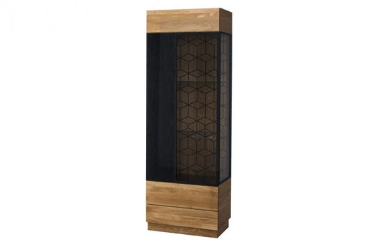 Vitrine en bois et placage, avec 1 porte et LED inclus Mosaic 10 Chêne / Noir, l67xA42xH196 cm