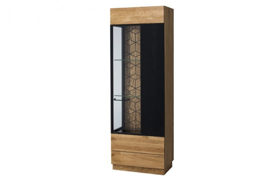 Vitrine en bois et placage, avec 1 porte et LED inclus Mosaic 11 Chêne / Noir, l67xA42xH196 cm