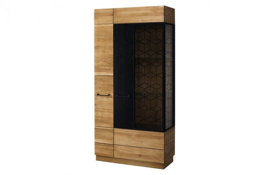 Vitrine en bois et placage, avec 2 portes et LED incluses Big Mosaic 12 Chêne / Noir, l95xA42xH196 cm