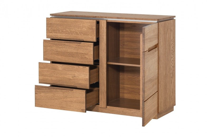 Commode en bois et placage, avec 4 tiroirs et 1 porte Monténégro 44 Chêne Rustique, l108xA48xH87 cm