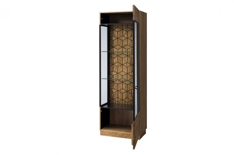 Vitrine en bois et placage, avec 1 porte et LED inclus Mosaic 11 Chêne / Noir, l67xA42xH196 cm