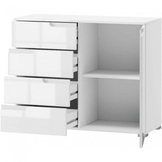 Commode en aggloméré et MDF, avec 4 tiroirs et 1 porte Gabrielle 5 Blanc, l100xA40xH80 cm