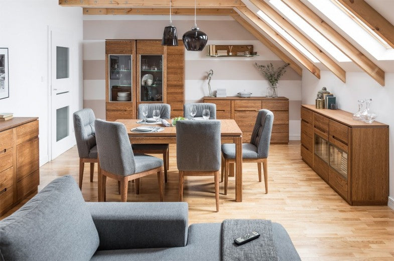 Commode en bois et placage, avec 4 tiroirs et 2 portes Monténégro 45 Chêne Rustique, l163xA42xH87 cm