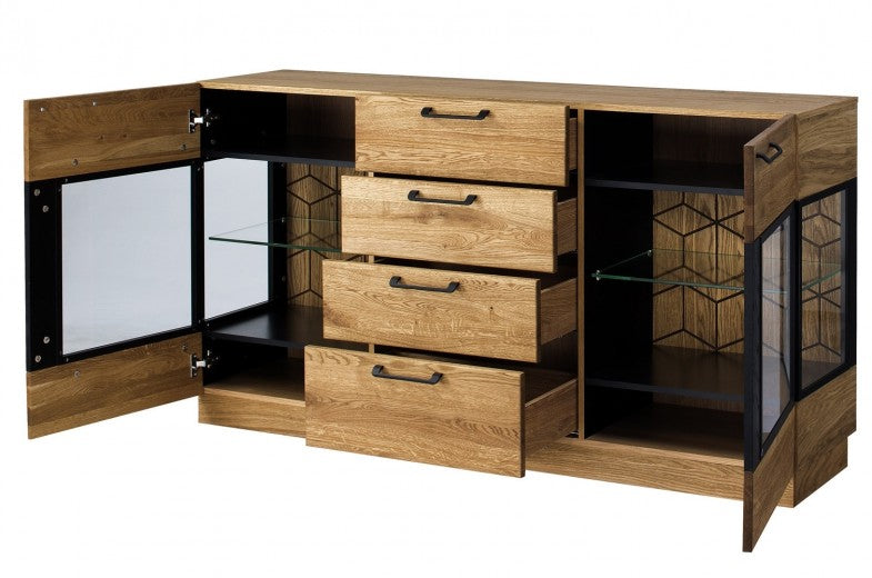 Commode avec vitrine en bois et placage, 4 tiroirs et 2 portes, LED incluse Mosaic 47 Chêne / Noir, l170xA42xH90 cm