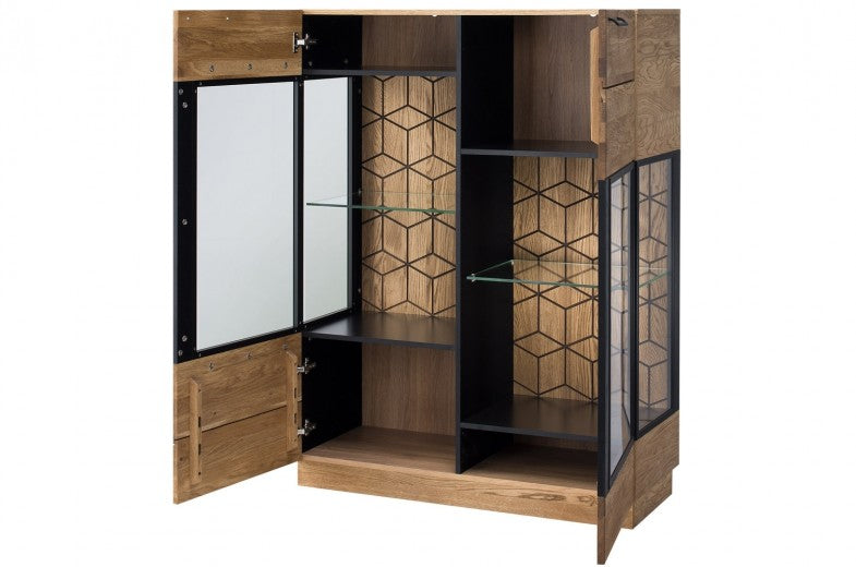 Vitrine en bois et placage, avec 2 portes et LED inclus Petite Mosaïque 15 Chêne / Noir, l95xA42xH143 cm