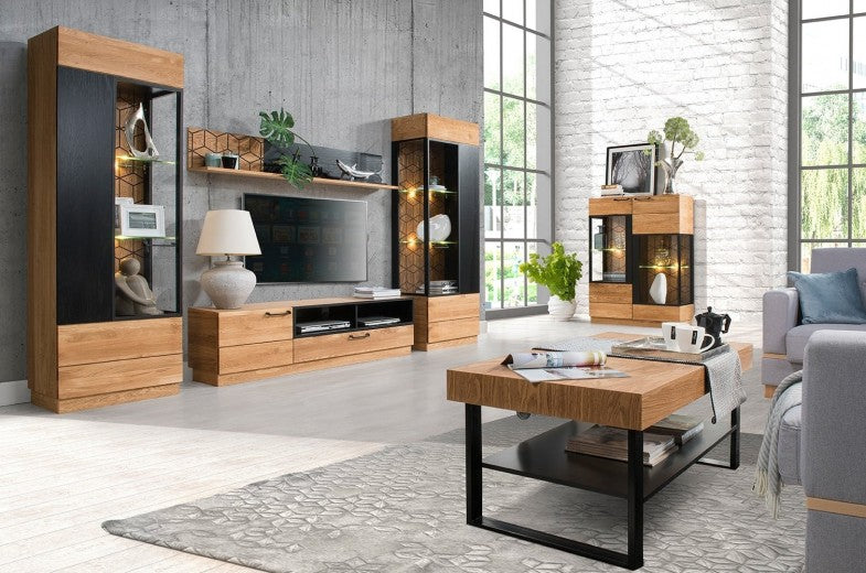 Meuble TV en bois et placage, avec 1 tiroir et 1 porte Large Mosaic 25 Chêne / Noir, l170xA42xH46 cm