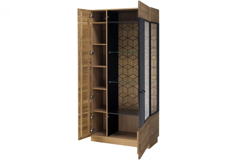 Vitrine en bois et placage, avec 2 portes et LED incluses Big Mosaic 12 Chêne / Noir, l95xA42xH196 cm