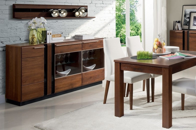 Commode avec MDF et vitrine palette, avec 3 portes et LED inclus Gates 48 Chêne Antique, l180xA42xH90 cm