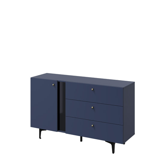 Commode en bois clair avec 1 porte et 3 tiroirs, Coloris Small CS 04, Bleu marine mat / Noir, L138xl41xH84 cm