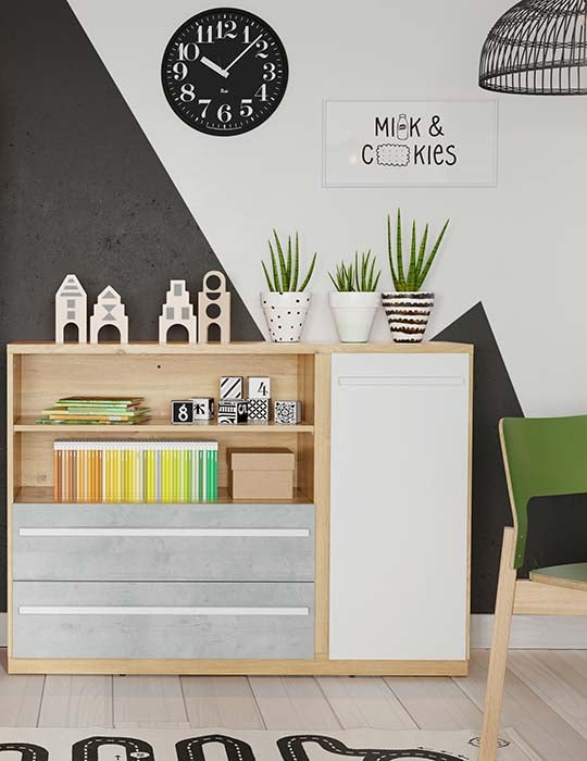 Commode en bois, avec 1 porte et 2 tiroirs, pour enfants et jeunes, Plano 05, Chêne / Gris / Blanc, L125xW41xH91 cm