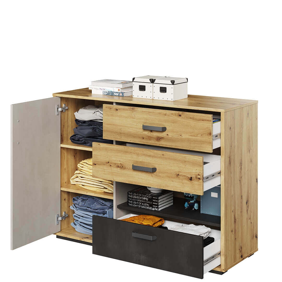 Commode en bois clair, avec 1 porte et 3 tiroirs, pour enfants et jeunes, Qubic 07, Chêne Artisan / Noir / Gris, L120xW42xH90 cm