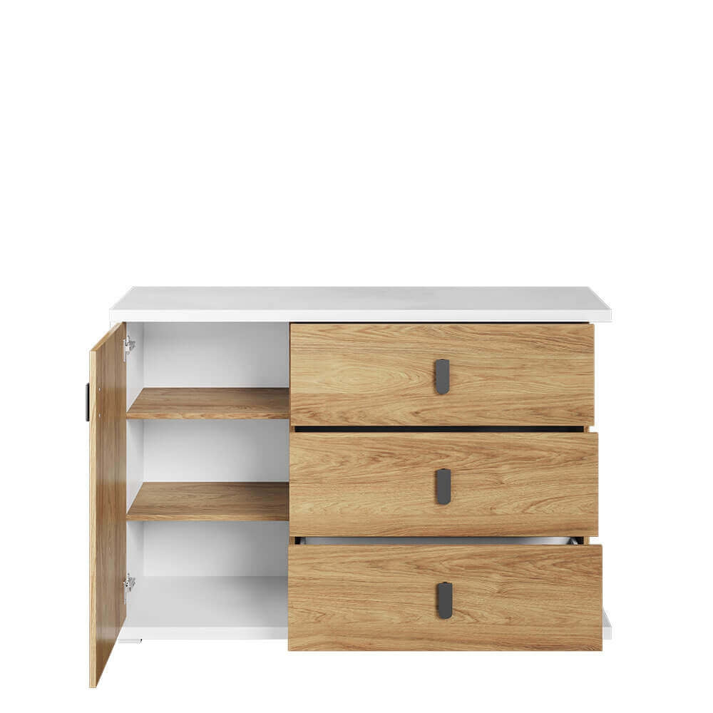 Commode en bois avec 1 porte et 3 tiroirs, pour enfants et jeunes, Simi 05, Naturel / Blanc, L135xW41xH90 cm