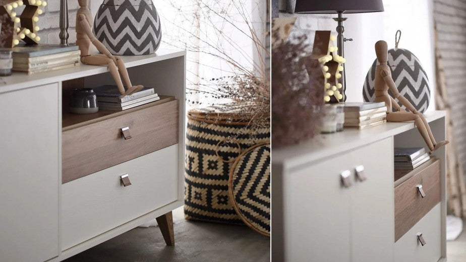 Commode, avec 2 tiroirs et 2 portes Mayer Blanc / Chêne, l179.2xP47.7xH77 cm