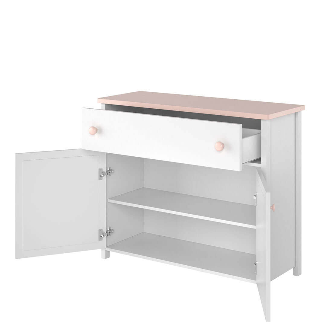 Commode en bois clair, avec 2 portes et 1 tiroir pour enfants et jeunes, Luna 05, Blanc / Rose, L110xW42xH90 cm