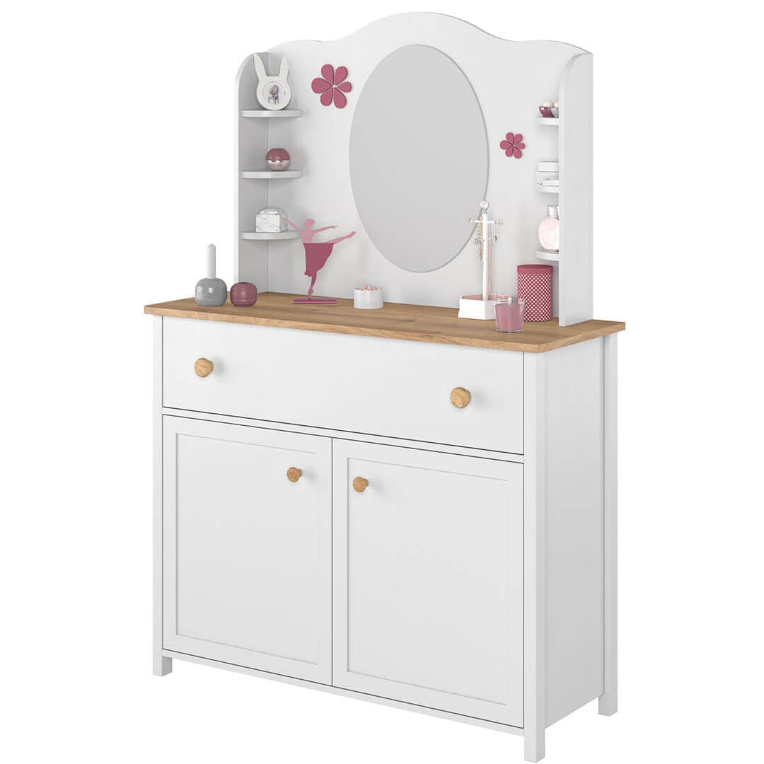 Commode en bois, avec 2 portes et 1 tiroir pour enfants et jeunes Story 05, Blanc/Chêne, l110xL42xH90 cm