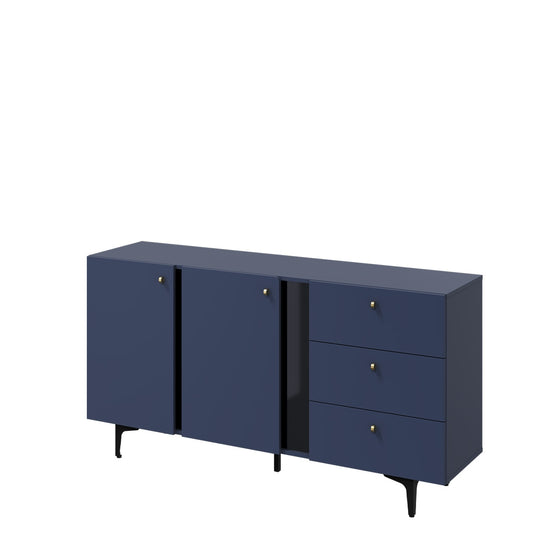 Commode en bois clair à 2 portes et 3 tiroirs, Coloris Medium CS 02, Bleu Marine Mat / Noir, L160xl41xH84 cm