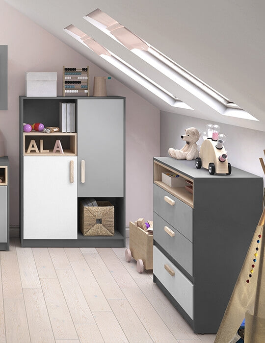 Commode en bois clair avec 3 tiroirs, pour enfants et adolescents, Pok 08, Gris/Blanc/Graphite, L100xl40xH90 cm