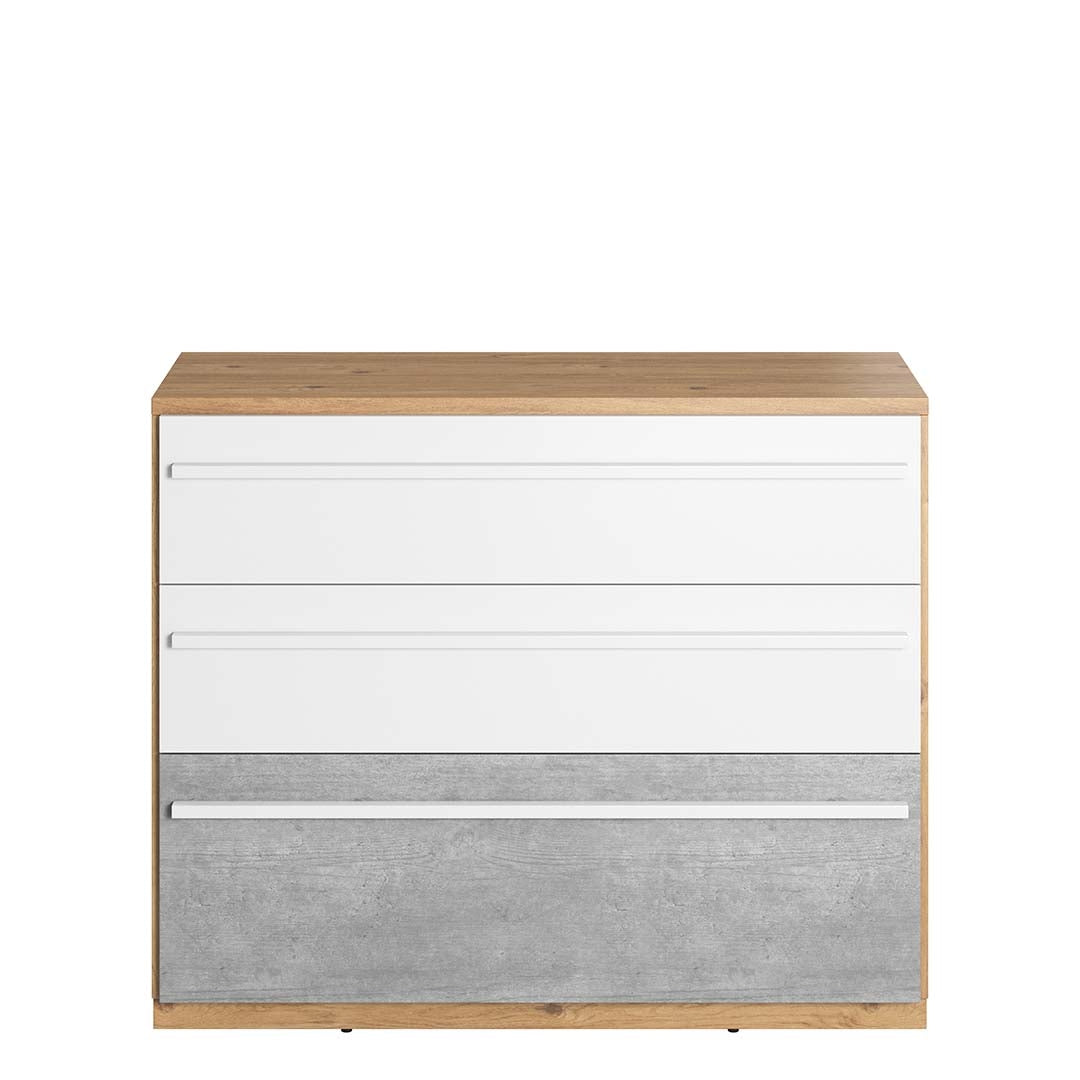 Commode en bois, avec 3 tiroirs, pour enfants et jeunes, Plano 07, Chêne / Gris / Blanc, L110xW41xH88 cm