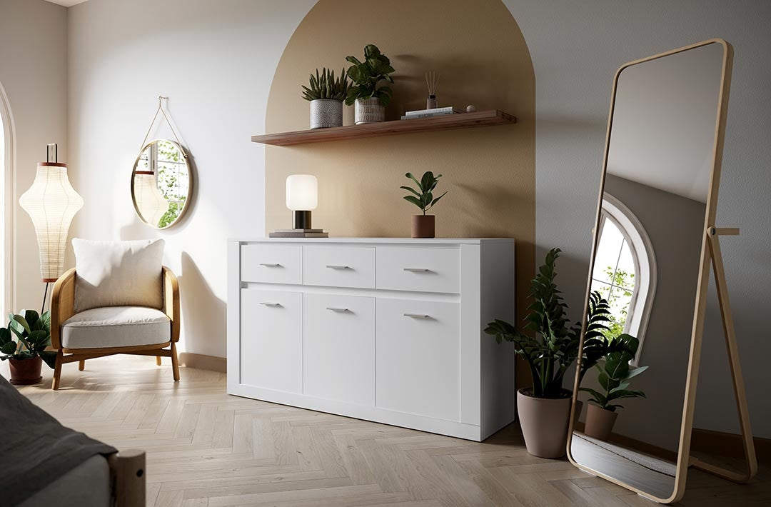 Commode en bois clair avec 3 portes et 3 tiroirs Arti 09, Blanc Mat, L160xW42xH90 cm