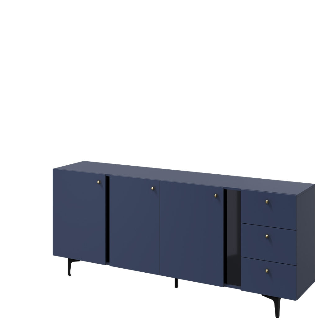 Commode en bois clair à 3 portes et 3 tiroirs, Coloris Large CS 03, Bleu Marine Mat / Noir, L200xL41xH84 cm