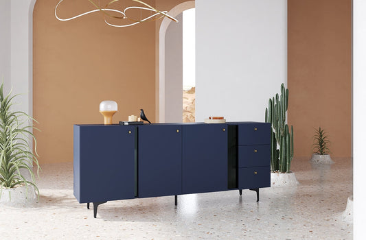 Commode en bois clair à 3 portes et 3 tiroirs, Coloris Large CS 03, Bleu Marine Mat / Noir, L200xL41xH84 cm