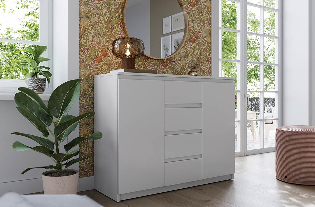 Commode en bois avec 4 tiroirs et 2 portes, Idea 04, Blanc Mat, L109xW40xH85 cm