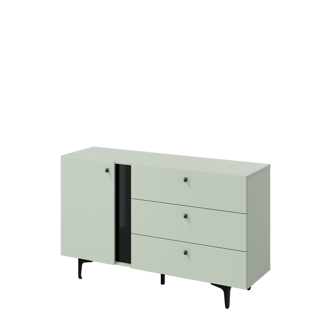 Commode en bois clair avec 1 porte et 3 tiroirs, Coloris Small CS 04, Vert Menthe / Noir, l138xL41xH84 cm