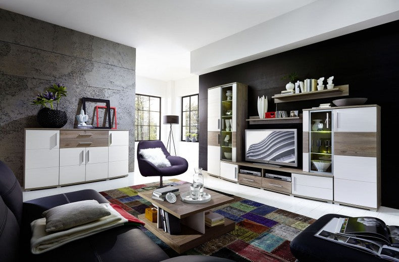 Commode en aggloméré et MDF, avec 2 tiroirs et 4 portes Jenise Blanc / Chêne, l171xA50xH102 cm