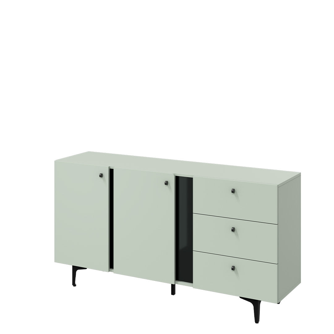 Commode en bois clair à 2 portes et 3 tiroirs, Coloris Medium CS 02, Vert Menthe / Noir, l160xL41xH84 cm