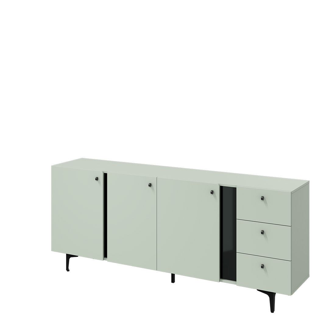 Commode en bois clair à 3 portes et 3 tiroirs, Coloris Large CS 03, Vert Menthe / Noir, l200xL41xH84 cm