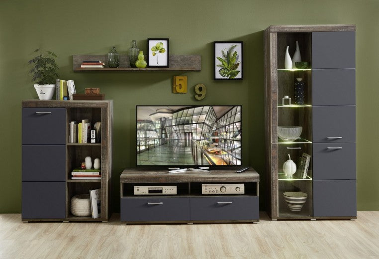 Commode en bois et MDF, avec 1 tiroir et 1 porte Krone Small Graphite / Natur, l140xA48xH50 cm