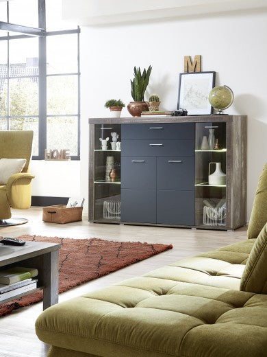 Vitrine en aggloméré et MDF, avec 4 portes et 2 tiroirs Krone Graphite / Natur, l174xA45xH125 cm