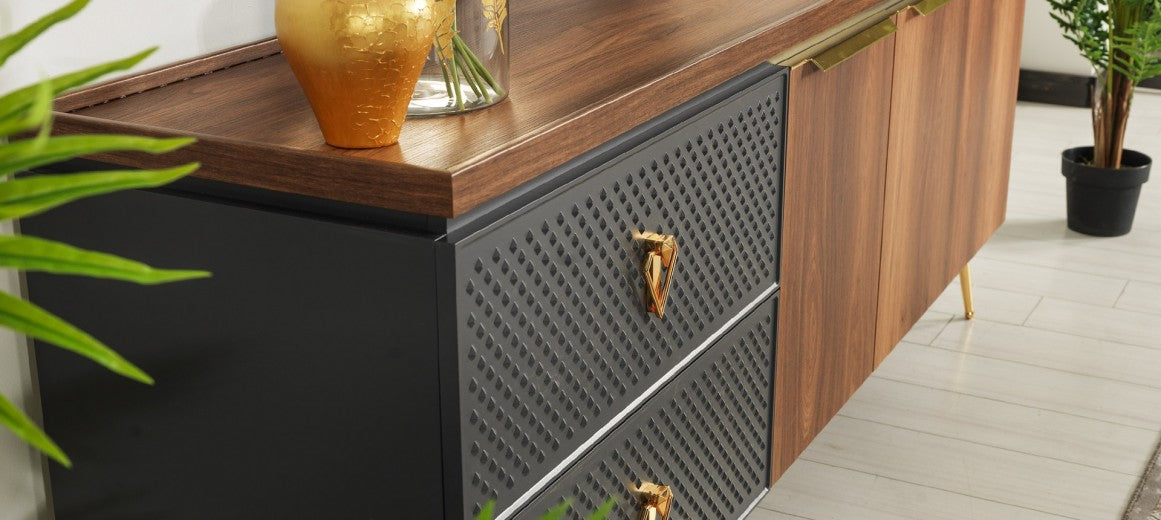 Commode en bois et métal, avec 2 tiroirs et 3 portes Pietro Noyer / Anthracite / Or, l204xA46xH80 cm