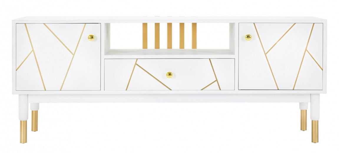 Commode TV en MDF et métal, avec 1 tiroir et 2 portes Luxy Blanc / Or, l140xA50xH55 cm
