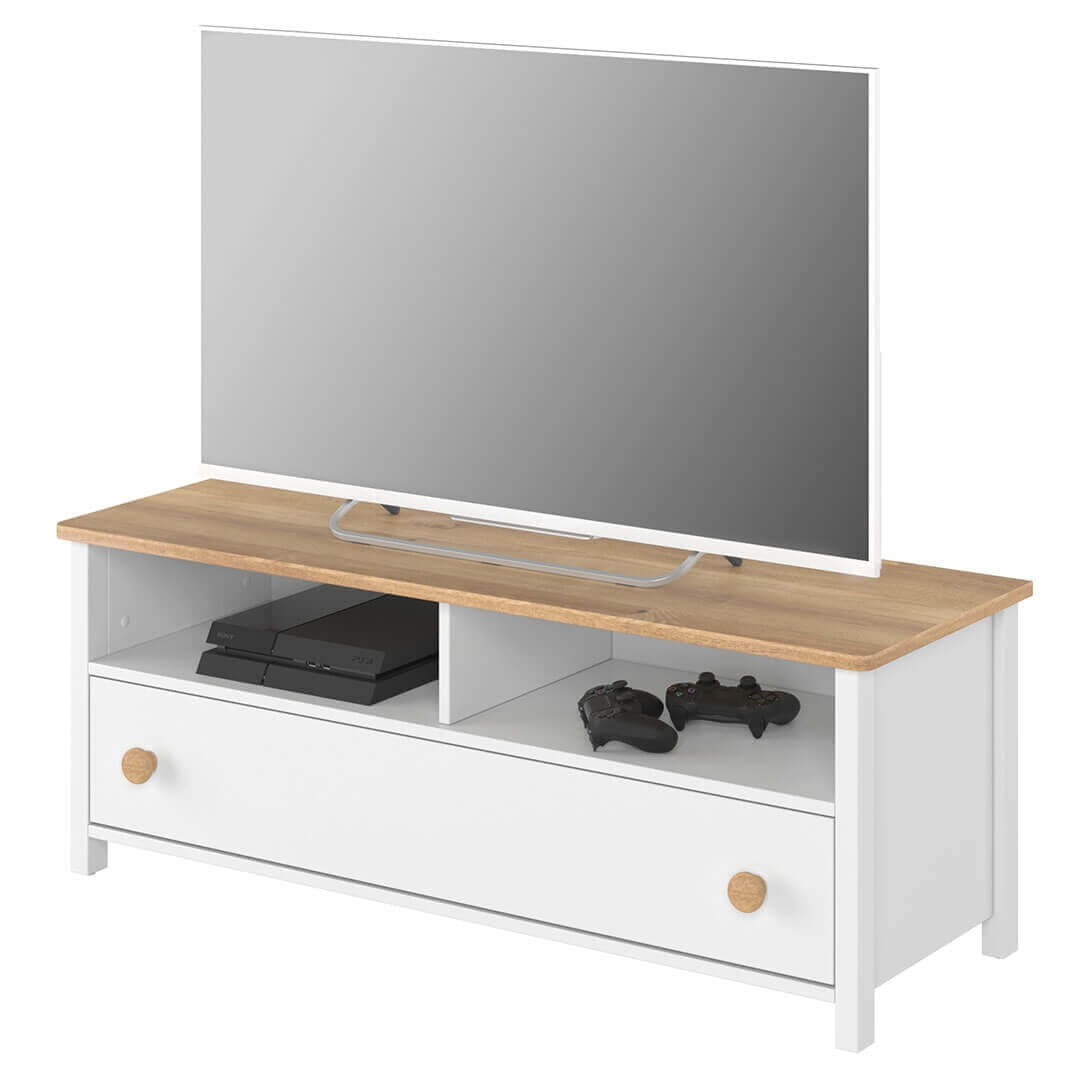 Commode TV en bois, avec 1 tiroir pour enfants et jeunes Story 13, Blanc/Chêne, l120xW42xH46 cm