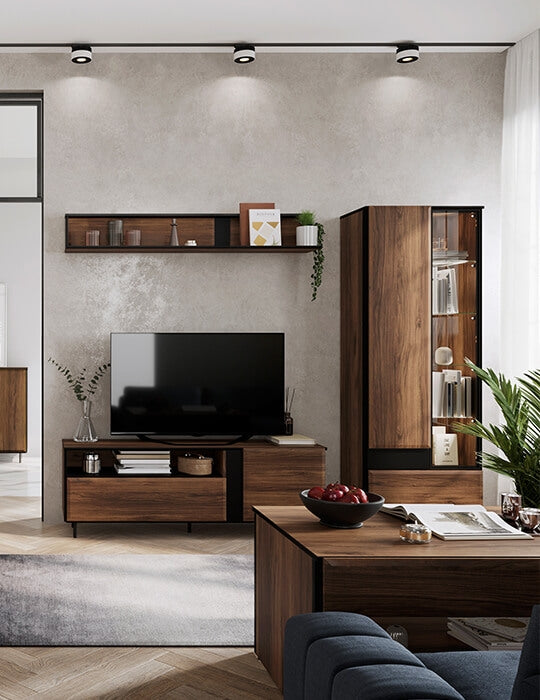 Commode TV en bois, avec 1 porte et 1 tiroir, Borga 03, Chêne Catane / Noir, L155xW41xH55 cm