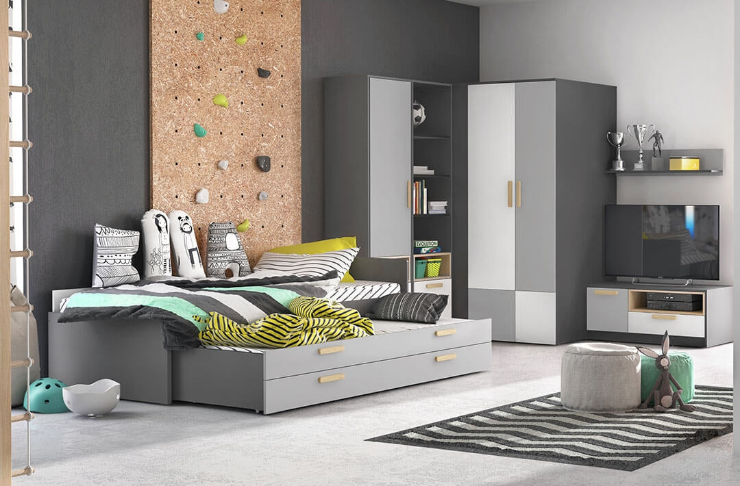 Commode TV en bois avec 1 porte et 1 tiroir, pour enfants et jeunes, Pok 11, Gris/Blanc/Graphite l100xL50xH41 cm