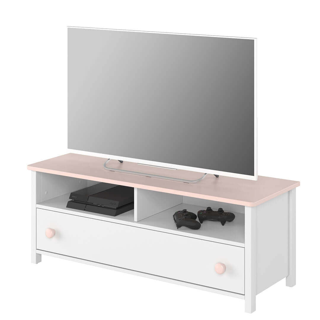 Commode TV en bois, avec 1 tiroir pour enfants et jeunes Luna 13, Blanc/Rose, l120xW42xH46 cm