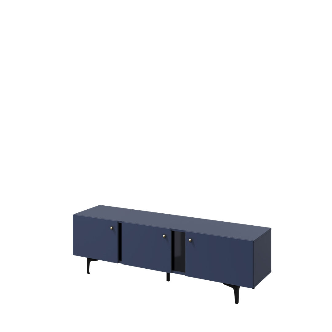 Commode TV en bois avec 3 portes, Colors Small CS 06, Bleu Marine Mat / Noir, L165xW41xH50 cm