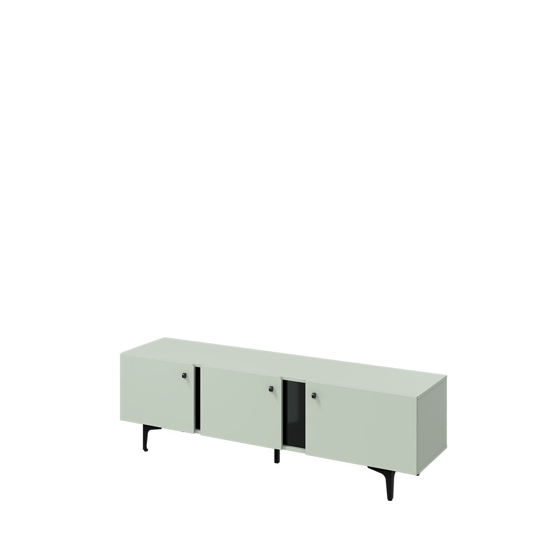 Commode TV en bois avec 3 portes, Colors Small CS 06, Vert Menthe / Noir, l165xW41xH50 cm