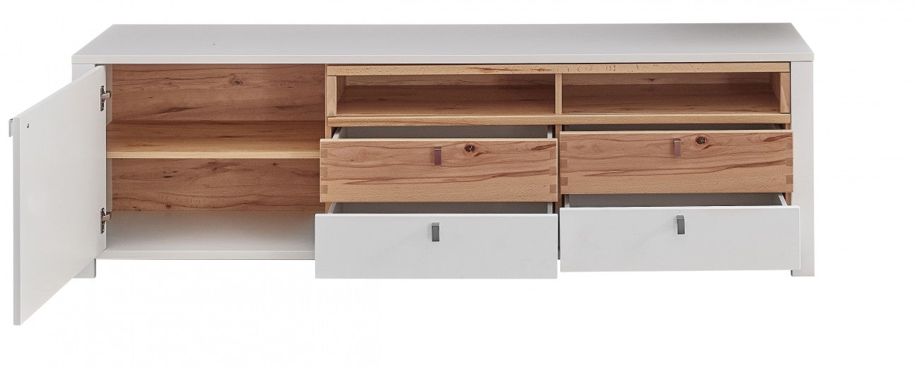 Commode en bois et MDF avec 4 tiroirs et 1 porte, Selina Blanc / Naturel, l192xA47xH58 cm