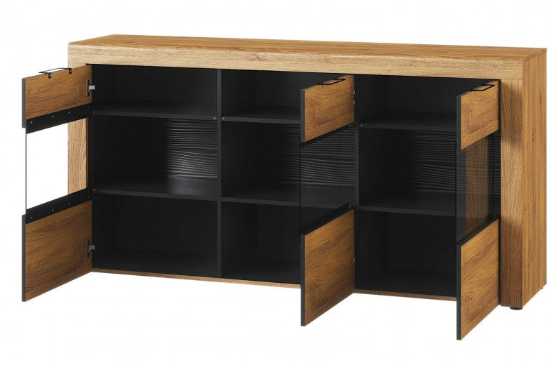 Commode avec vitrine et 3 portes Kama 47 Chêne / Noir, l170xA40xH86 cm