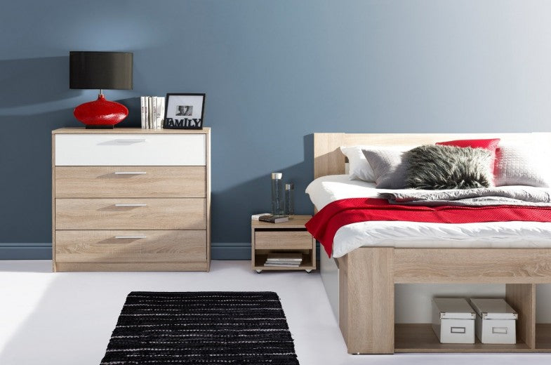 Lit palette avec 2 tables de chevet et 2 tiroirs Milo Blanc / Sonoma Oak